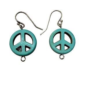 Peace Sign Blue Color Shade Drop Earrings Hook Closure Women Hippy Boho Retro